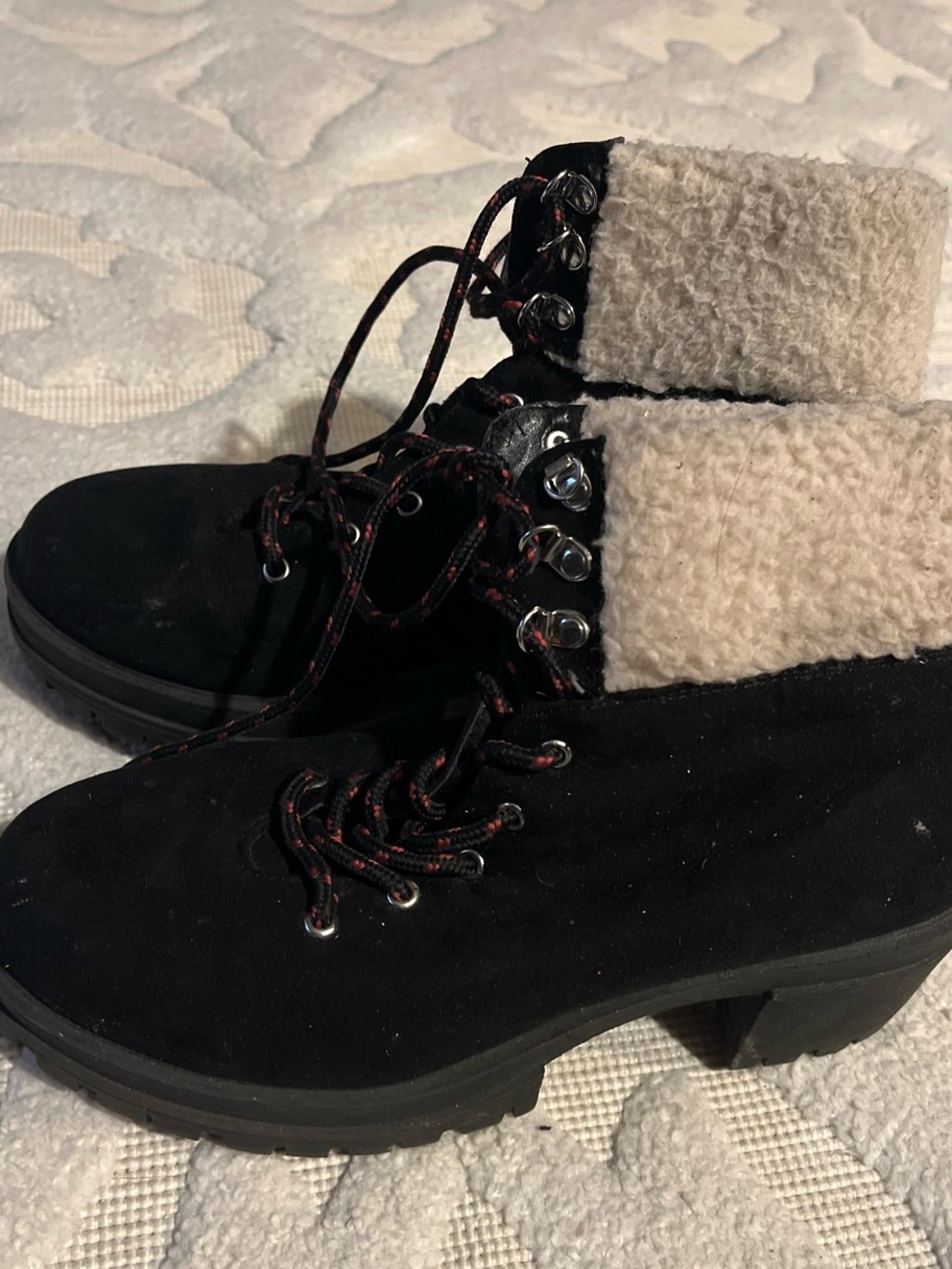 Women’s Black Suede Lace-Up Platform Boots with Cream Faux-Shearling Collar